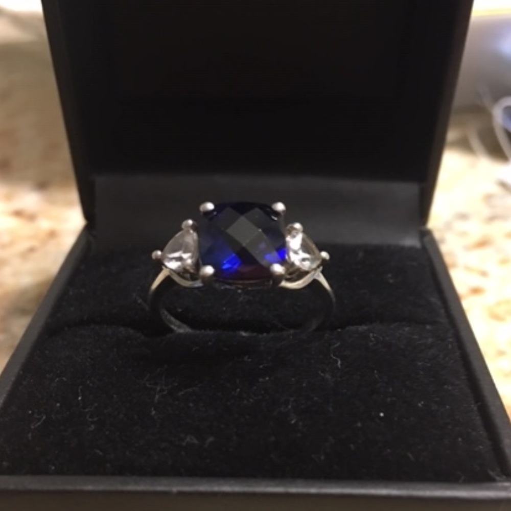 Blue and white sapphire sterling silver ring